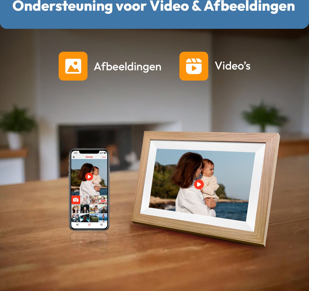 Digitale fotolijst met WiFi en Frameo App - 10.1 inch HD+ IPS Display - Fotokader met Touchscreen - 32GB - Bruin/Wit - Frameo digitale fotolijst - digitale fotokader - digitaal fotolijstje - afbeelding 5