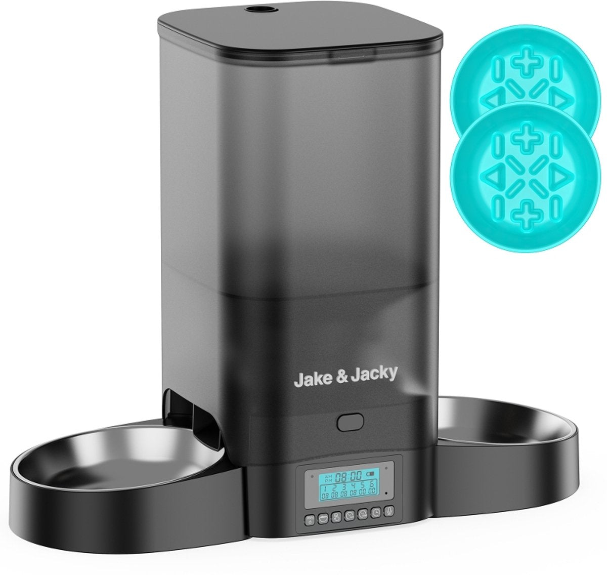 Jake and Jacky Automatische Voerbak - Inclusief 2 RVS Voerbakken & 2 Slowfeeders - Voerautomaat & Anti-Schrokbak - Voerdispenser Kat en Hond - Eetbak voor Katten & Honden - 5 Liter - Zwart - afbeelding 1