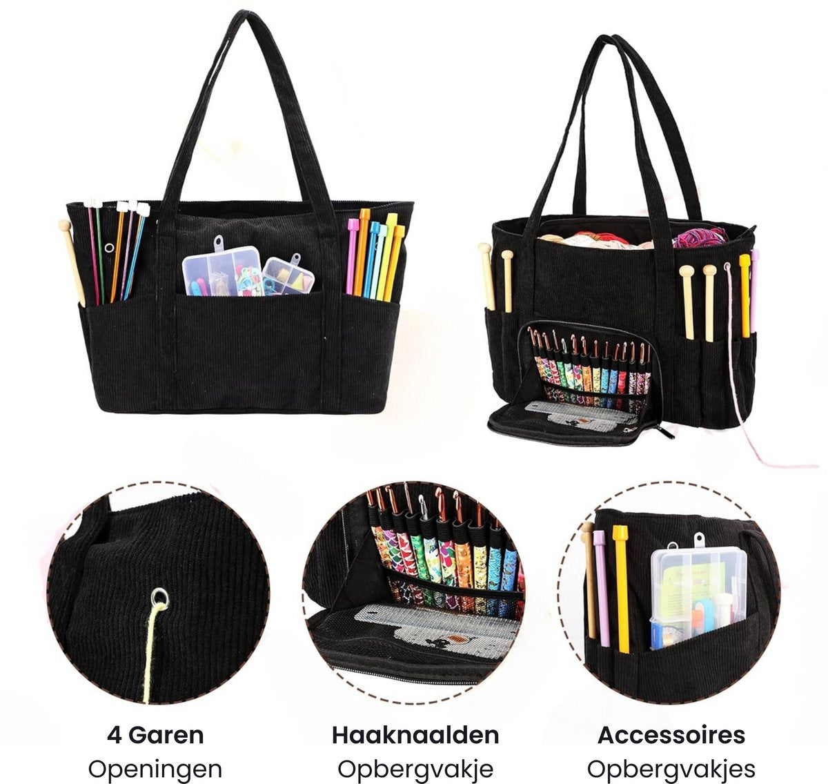 Opbergtas Breien & Haken - Voor Garen, Naalden & Accessoires - Breitas - Haaktas - Hobbytas - Handwerktas - Ribstof - afbeelding 4