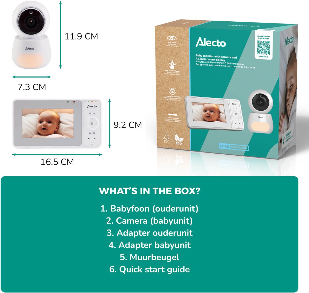 Alecto Babyfoon met Camera - DVM2043 - 4.3 inch Scherm - Op afstand bestuurbaar - Uitbreidbaar tot 4 camera's - Nachtlampje - Wit - afbeelding 5