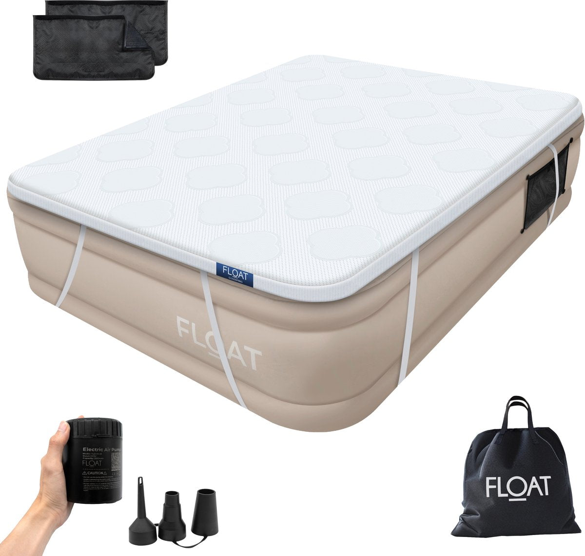 FLOAT - 2 Persoons luchtbed met (5 cm) Foam Topper - 203x152x45 cm - Opbergzakken, draagtas en reparatiekit - Zelfopblazend Twee persoons luchtmatras - Ingebouwde elektrische pomp - Stevig Logeerbed - CloudSpring - Beige - afbeelding 1