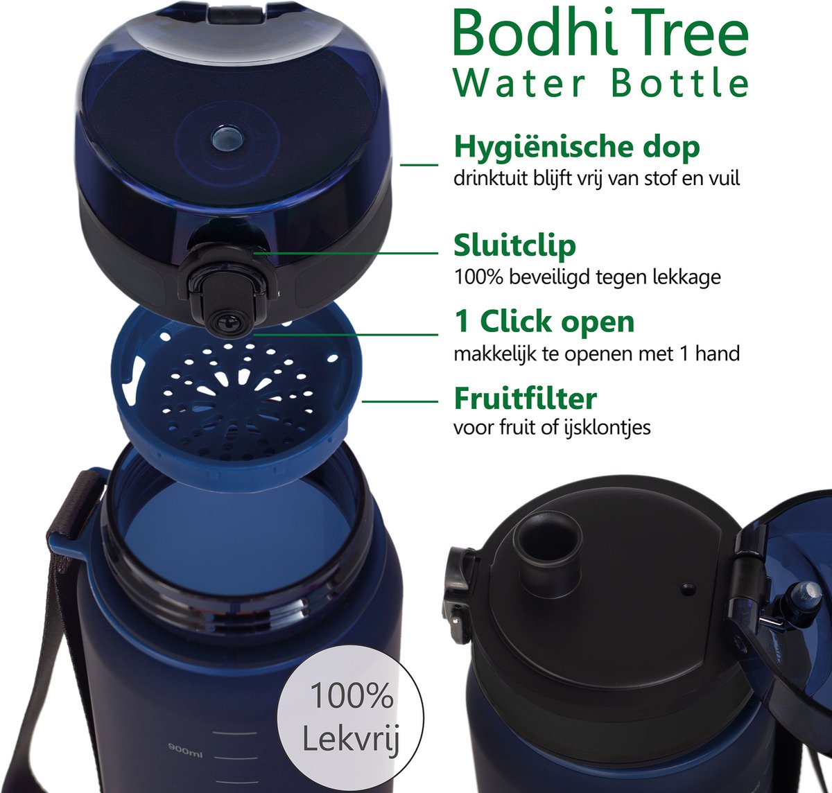 Bodhi Tree® Waterfles 1 Liter - Drinkfles met Fruit Filter - 100% Lekvrij - afbeelding 4