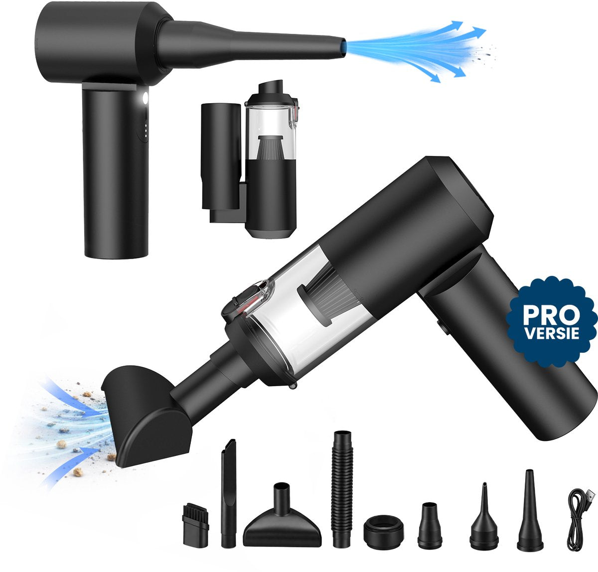 CarMe 2-in-1 Auto Stofzuiger Pro - Zuigen & Blazen - Kruimeldief - 8 Opzetstukken - Oplaadbaar - Handstofzuiger - Air Duster - Zwart - afbeelding 1