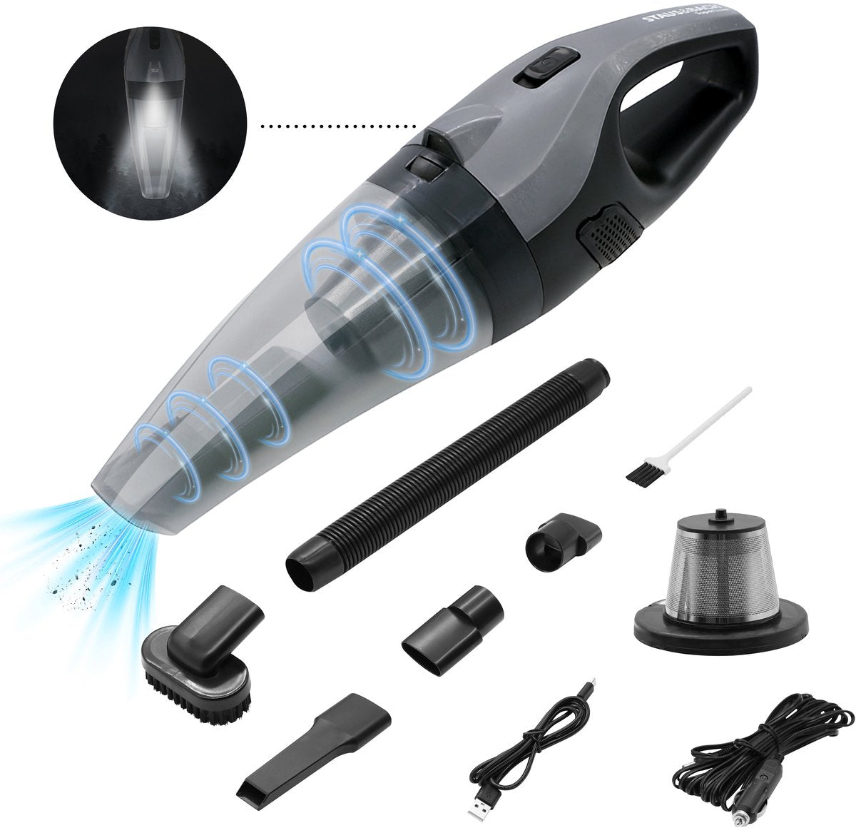 STAUS&BACH Kruimelzuiger met licht - Kruimeldief snoerloos - Handstofzuiger voor auto - SuperNova - Zwart/Grijs - afbeelding 1