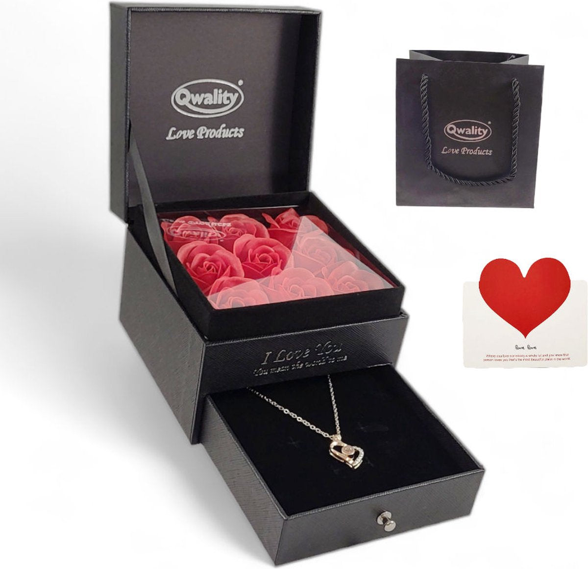 Rozen in Luxe Giftbox mét Ketting - Rozenbox - Moederdag - Cadeau voor vriendin moeder haar - Qwality® - afbeelding 1