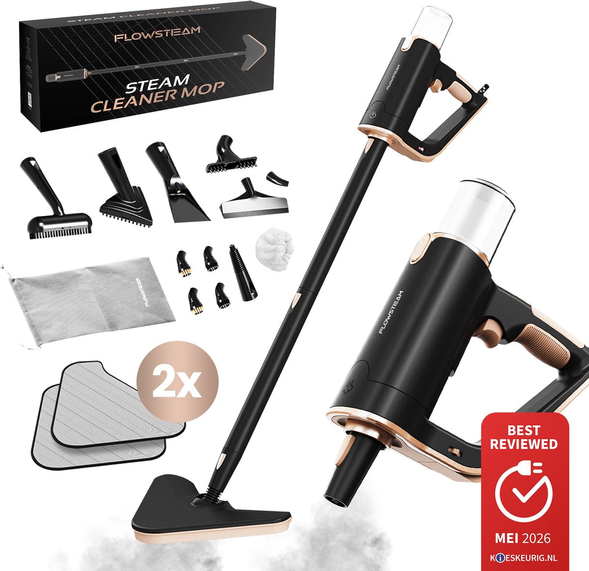 FLOWSTEAM® Luxe Stoomreiniger - 13 Opzetstukken - 120° Stoom – Tapijtreiniger – Vlekkenreiniger – Zetelreiniger - Handstoomreiniger – 5M Snoer - Inclusief 2 Microvezeldoekjes - afbeelding 1