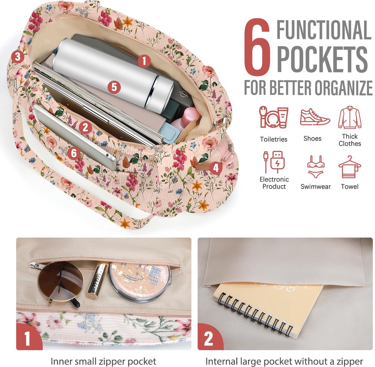 Namajunas - Handtassen dames schoudertas - Grote Cord Tote Bag - Canvas Tas met Rits Meerdere Vakken - Handtas voor Werk School Sportschool Reizen - Schattige esthetische Shopper - afbeelding 3