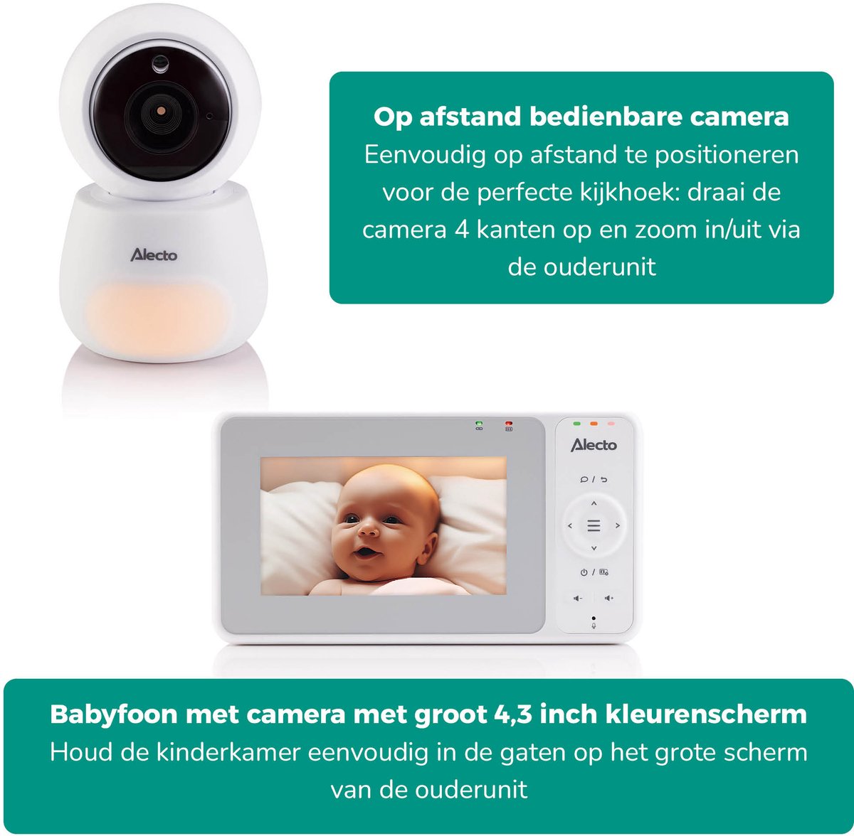 Alecto Babyfoon met Camera - DVM2043 - 4.3 inch Scherm - Op afstand bestuurbaar - Uitbreidbaar tot 4 camera's - Nachtlampje - Wit - afbeelding 3