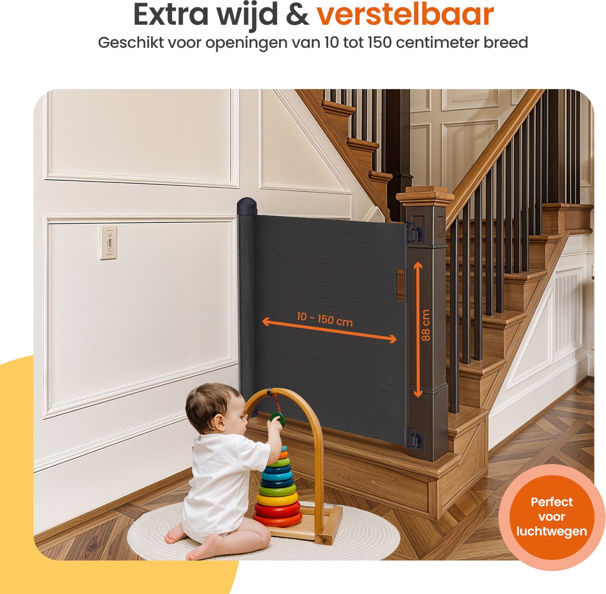 Goliving Oprolbaar Traphekje - Veiligheidshekje - Kinderhekje - Push & Turn - 10 tot 150 cm Breed - Aluminium frame - Mesh - Zwart - afbeelding 4