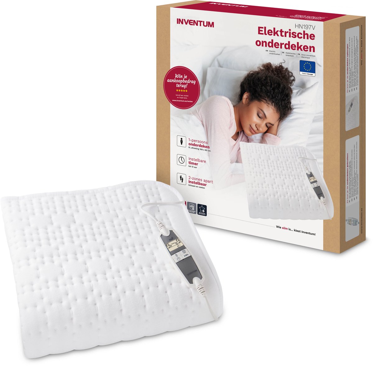Inventum HN197V elektrische onderdeken 160x80 cm - 1 persoons - Warmtedeken - 9 warmtestanden - Aparte voetzone - Anti-allergie - Antibacterieel - Turbostand - Fleece - Wit - afbeelding 1