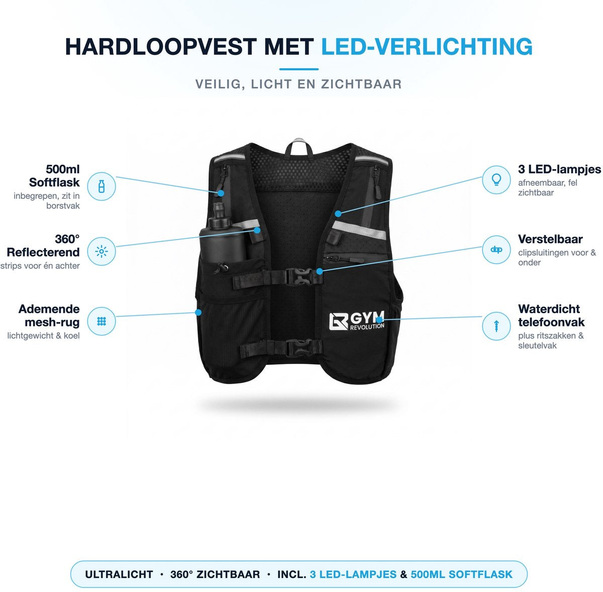 Gym Revolution - Hardloopvest met Verlichting en Waterfles - Reflecterend running vest met telefoonhouder - Zwart - afbeelding 4