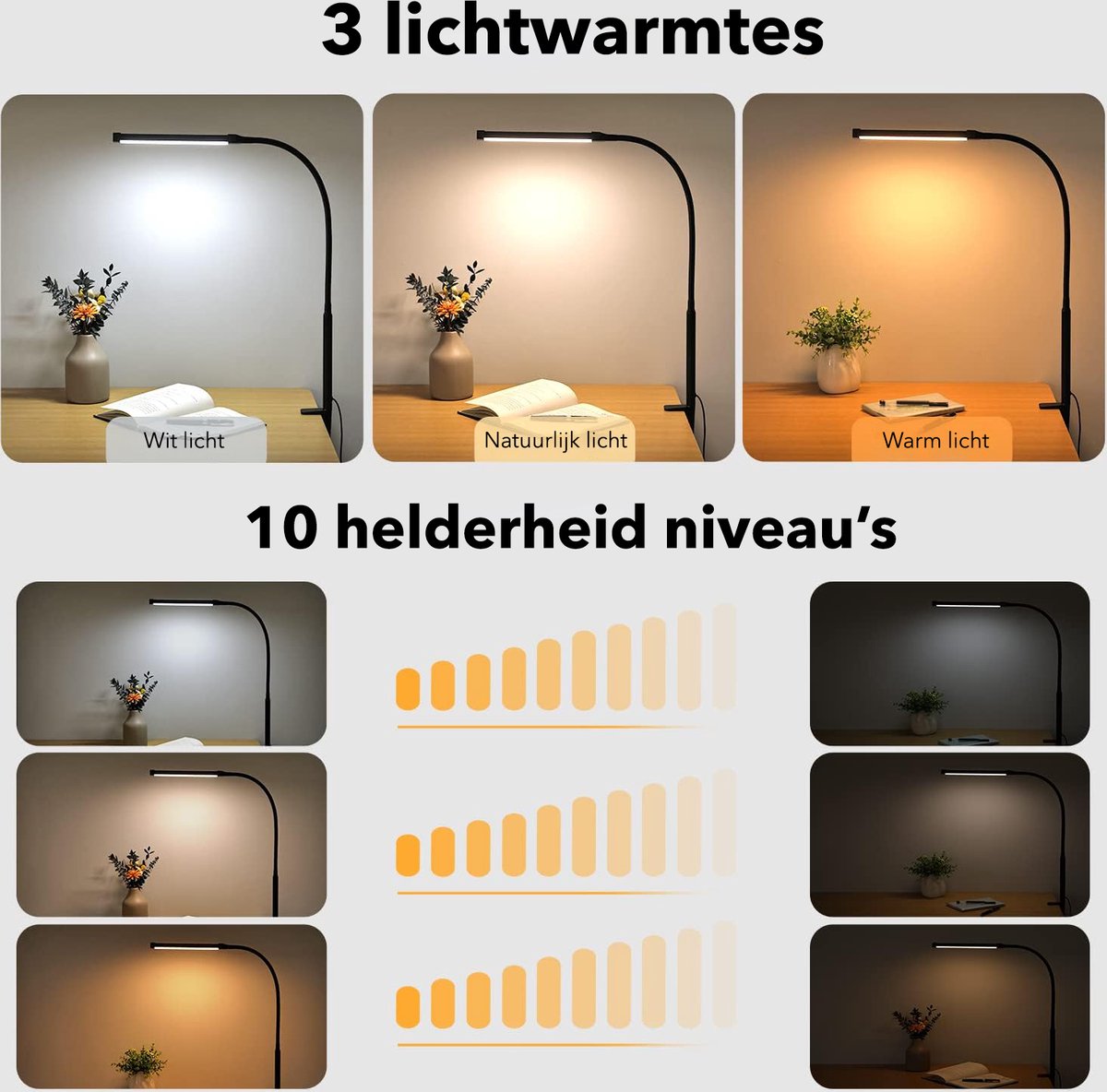 Vicon Bureaulamp LED Dimbaar - 3 Kleuren licht - Met Klem - Klemlamp - Leeslamp - Tafellamp - Bedlamp - Hobbylamp - afbeelding 4