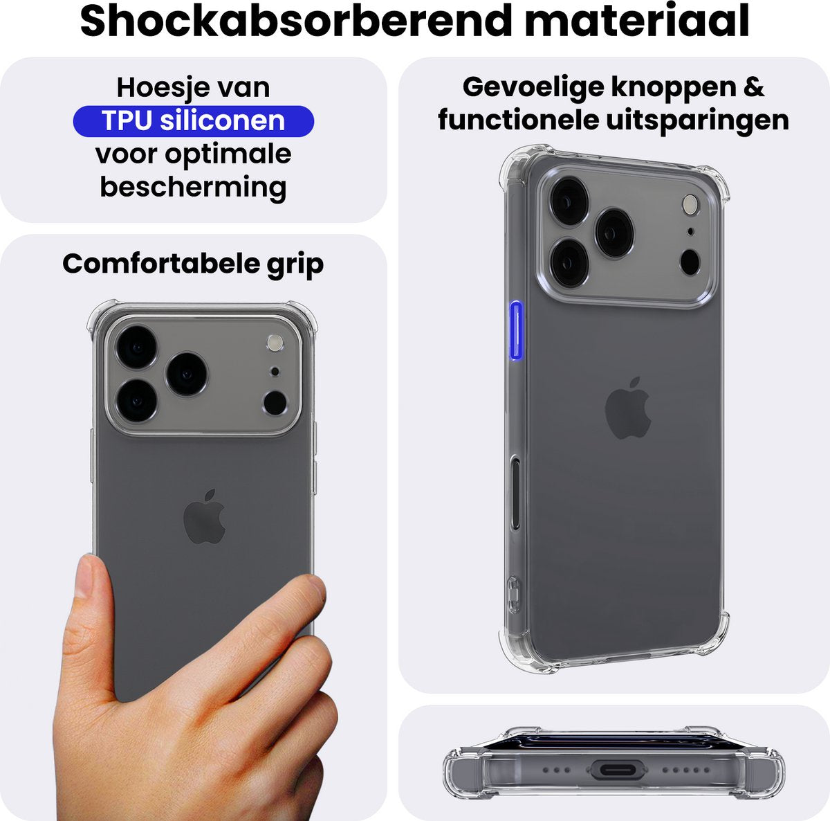 Hoesje - Geschikt voor Apple iPhone 17 Pro - Sterk & Shockproof - Siliconen Shock Case - Hoes Cover - Telefoonhoes - Transparant - afbeelding 5