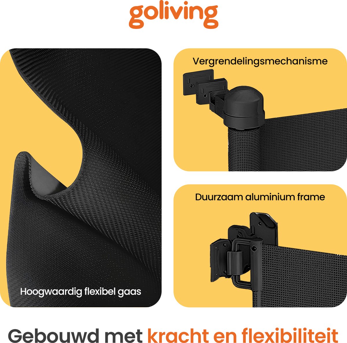 Goliving Oprolbaar Traphekje - Veiligheidshekje - Kinderhekje - Push & Turn - 10 tot 150 cm Breed - Aluminium frame - Mesh - Zwart - afbeelding 2