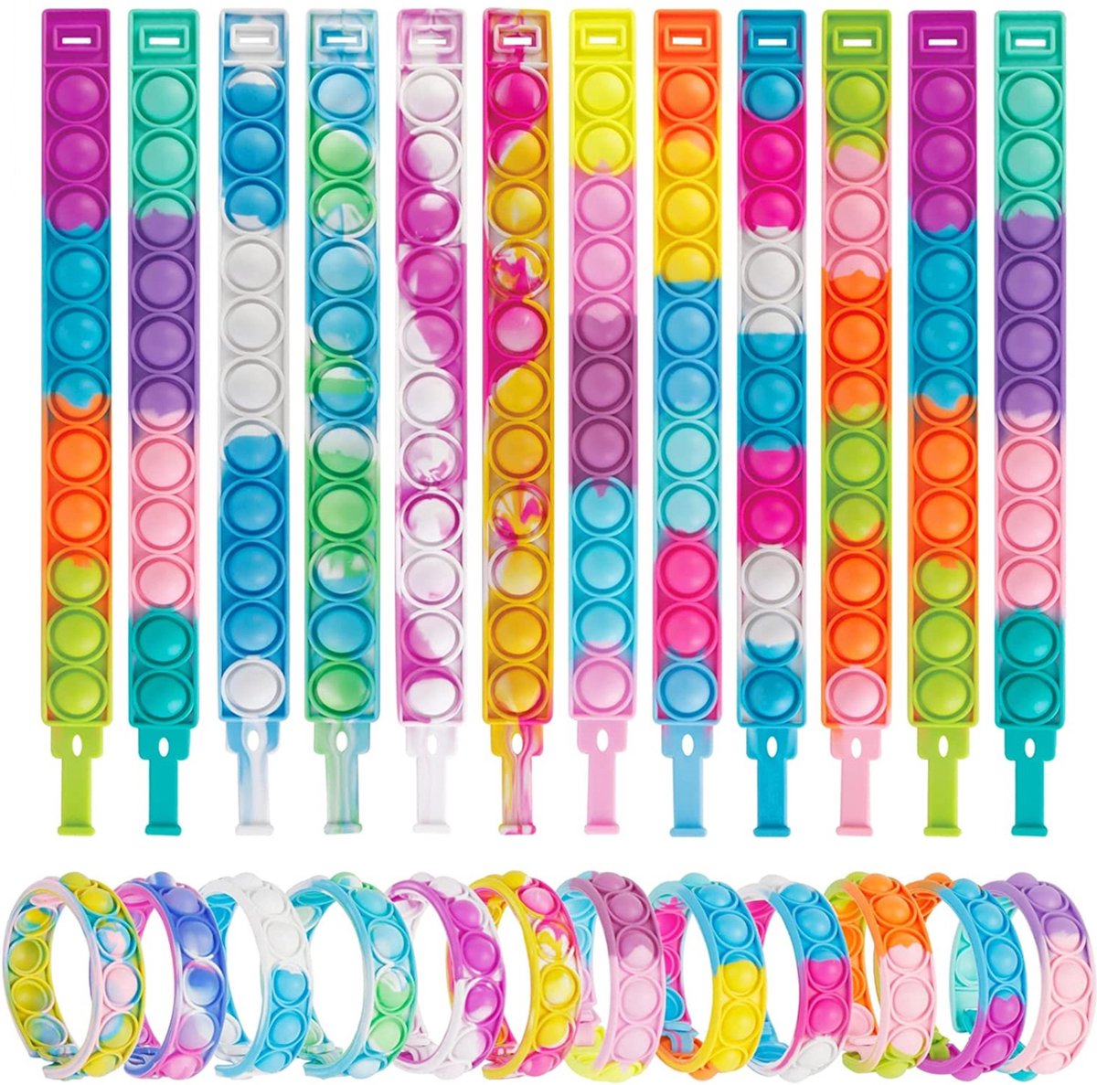 Partizzle 24x Fidget Toys Pop It Armbanden Pakket - Armbandjes Uitdeelcadeautjes - Grabbelton Traktatie Cadeautjes - Voor Kinderen & Peuters - afbeelding 1