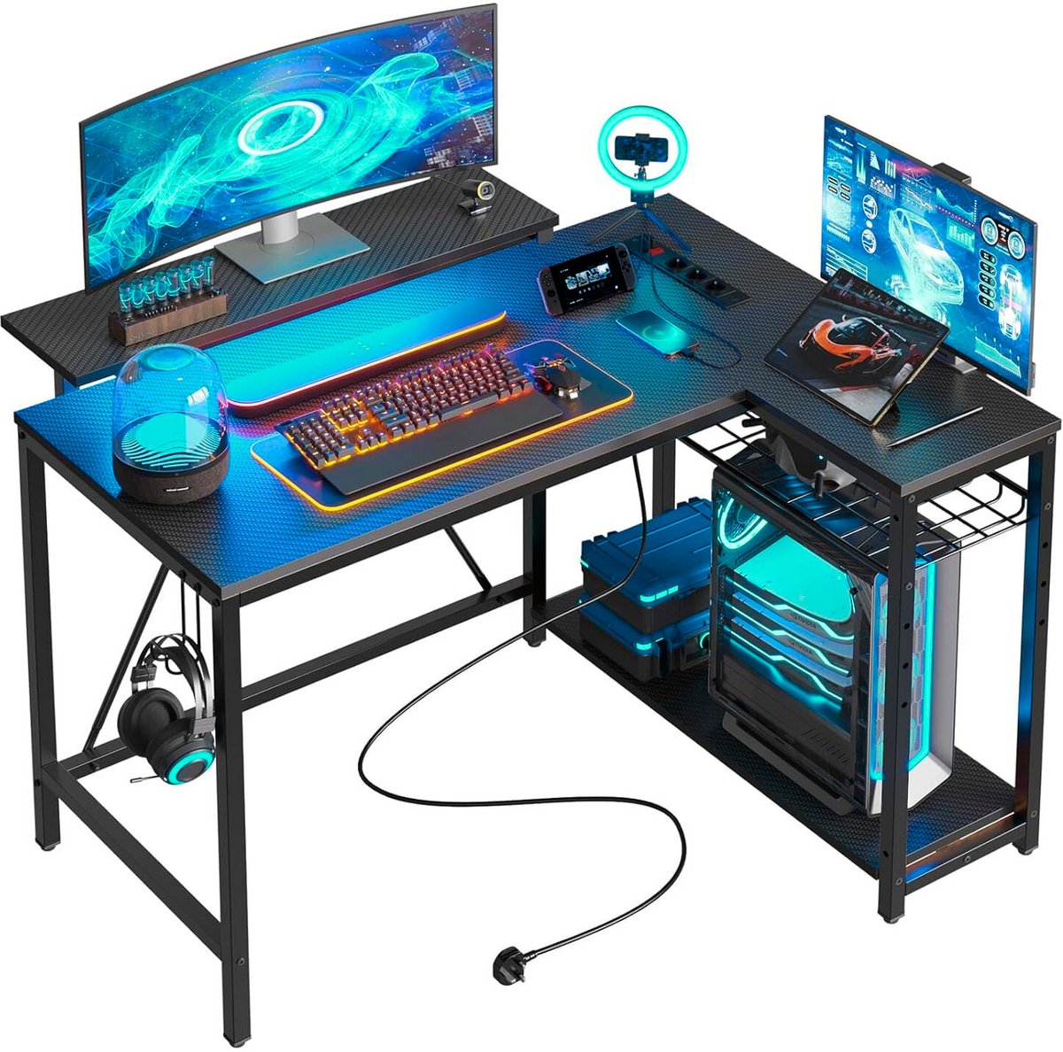 Five Stars® L-Vormig Game Bureau - 107x80x76 cm - Game Bureau met LED verlichting - Zwart Carbon - Hoekbureau - Gaming Desk - Computertafel - afbeelding 1