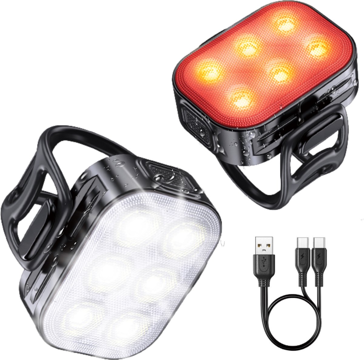 Inlustro LED Fietslamp Set - Voorlicht / Achterlicht - Fietslampjes Rood en Wit - Fietslicht Koplamp - Waterdicht / USB Oplaadbaar - afbeelding 1