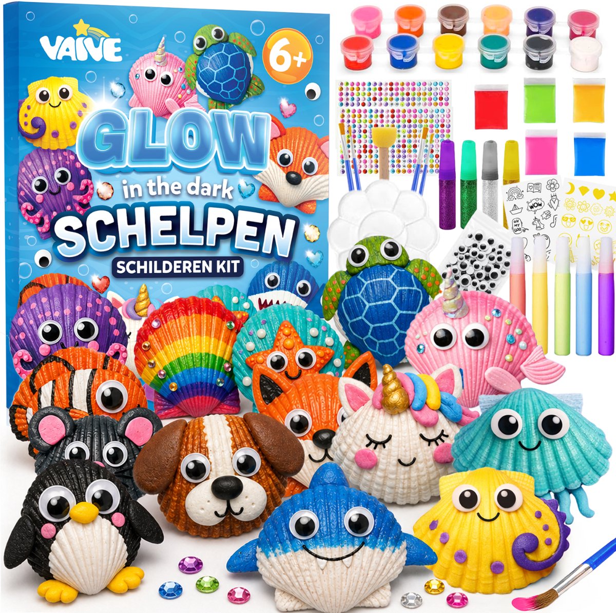 Vaive Schelpen Schilderen 75-delig – Glow in the Dark Happy Stones Knutsel Pakket – Knutselen - Knutselset voor Meisjes & Jongens - Knutselpakketten - afbeelding 1