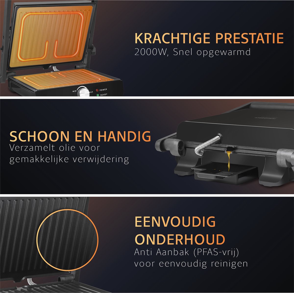 PFAS-Vrije Contactgrill (2000W) met temperatuur aanduiding - 180°C Uitklapbaar tosti apparaat - Inclusief vetbakje - <30 seconden opgewarmd grill ijzer - Zwart - JAP Appliance Caligrill - afbeelding 4