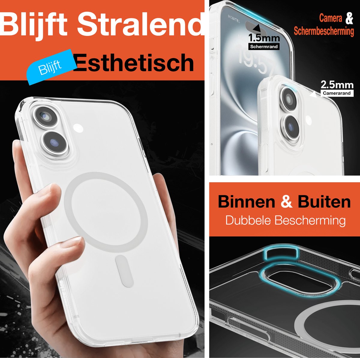 Hoesje - Geschikt voor iPhone 16 - Transparant - Geschikt voor MagSafe - Slank - Shock proof hoes - afbeelding 3
