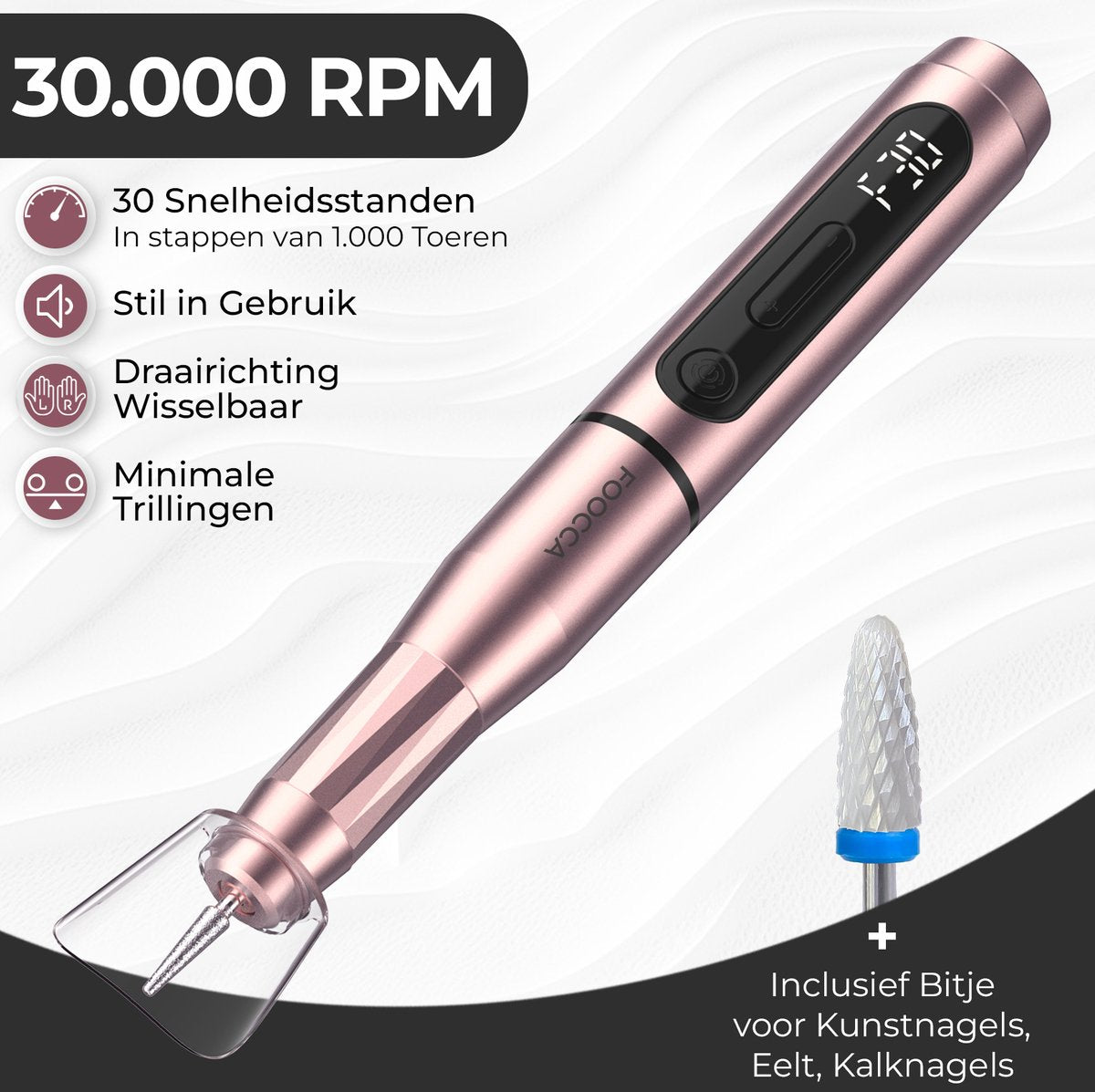 FOOCCA® Draadloze Elektrische Nagelvijl - Nagelfrees 30000 RPM - Oplaadbaar - Wireless Pro - 12 Bitjes + 65 Schuurrolletjes + 3 Accessoires - Nagelstofkap - Manicure en Pedicure Set - Ergonomische Aluminium Behuizing - Eeltverwijderaar - Kalknagel - afbeelding 5