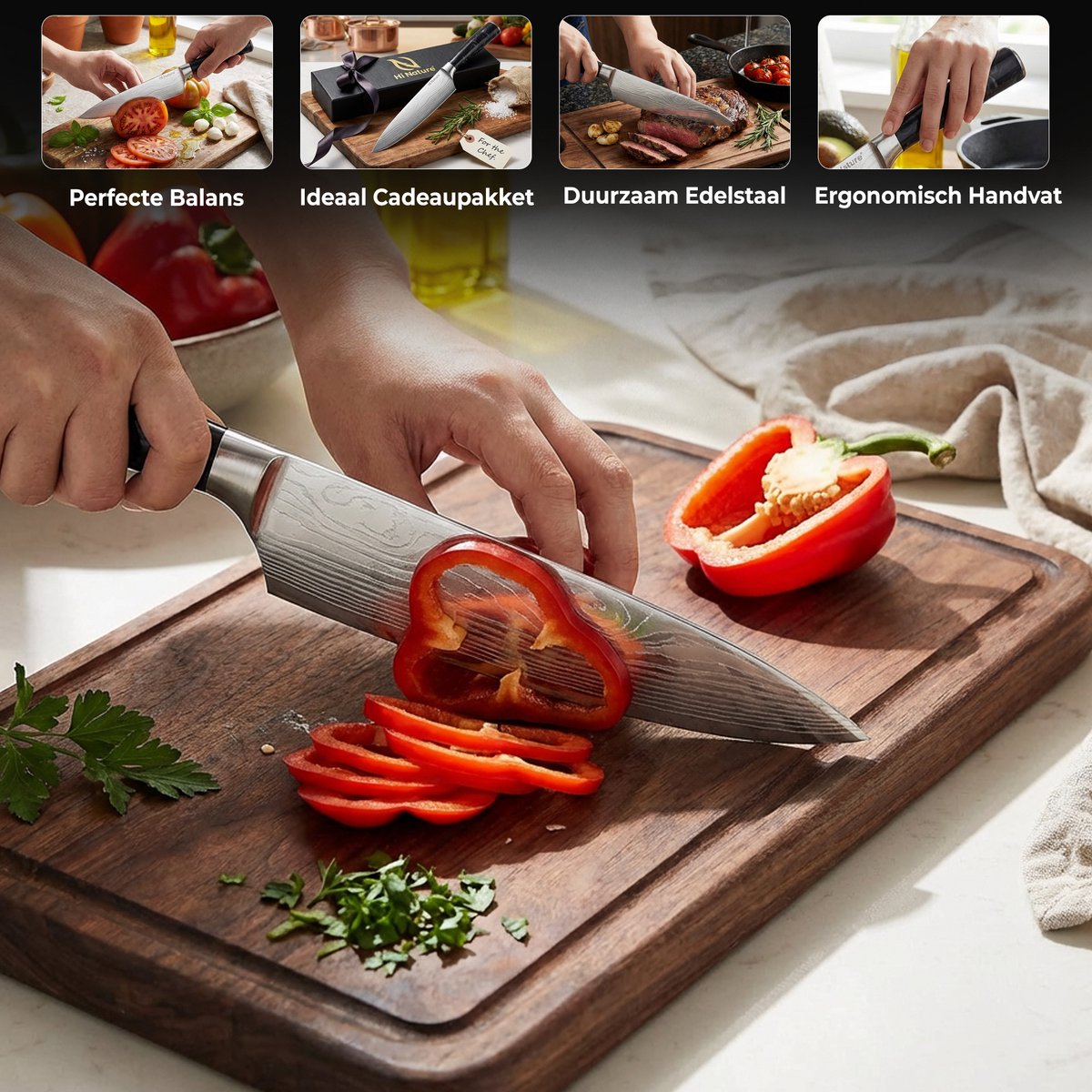 HI NATURE™ Koksmessen - Professioneel Koksmes Japans 20 CM Lemmet - Chef knife Damascus Patroon - Keuken Mes - Vleesmes - Japans Snijmes | Ergonomisch Handvat Koksmessen - japanse messen - Zwart - afbeelding 2