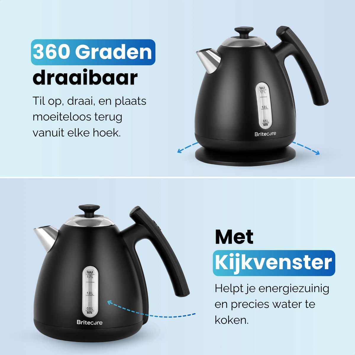 Waterkoker met Temperatuurregeling - Warmhoudfunctie - RVS - 1.7L - 40 tot 100°C - 2200W - Retro design - Zwart - Britecore - afbeelding 3