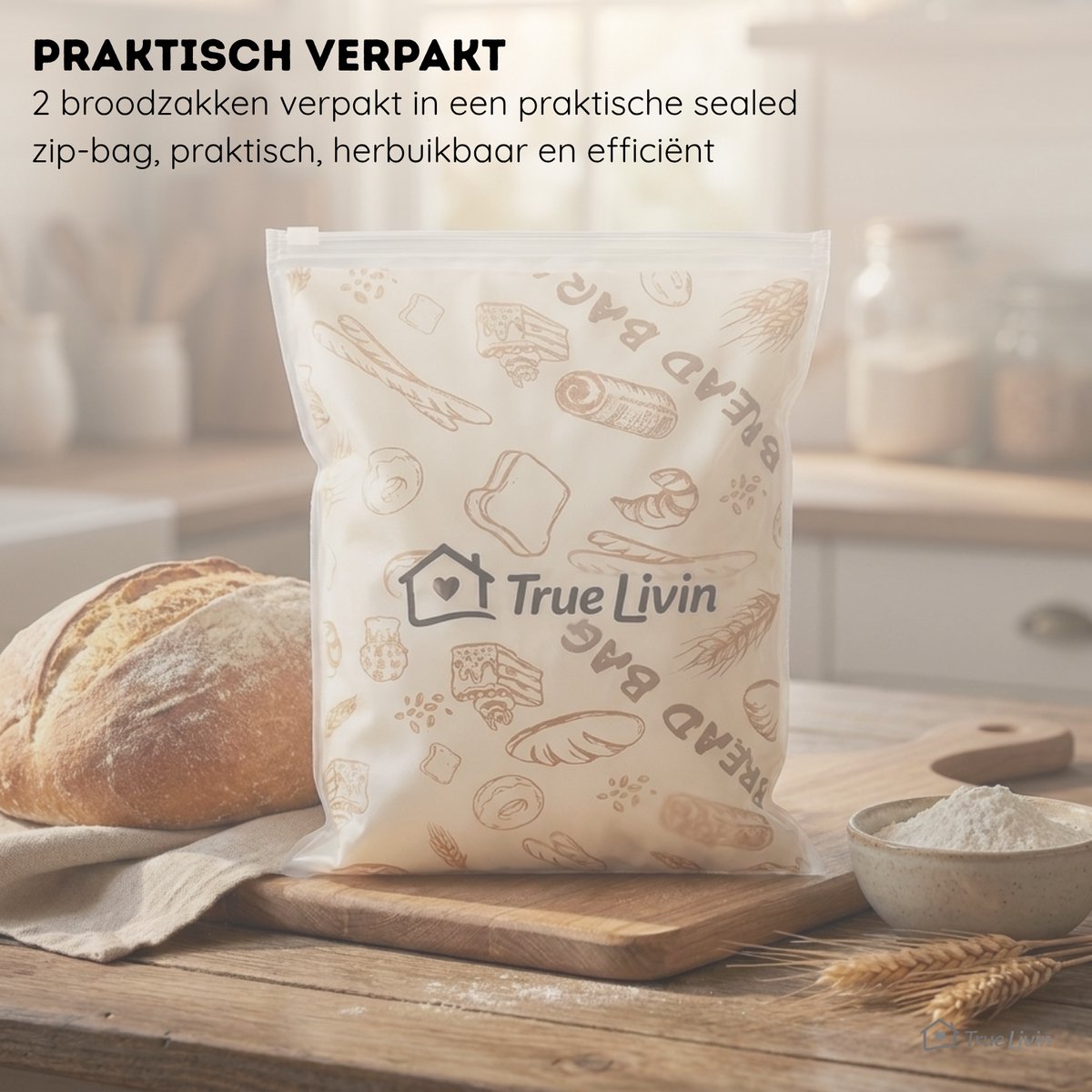 True Livin Bijenwas Broodzak 2-Pack – 43x33 cm – Herbruikbare Broodzakken voor Zelfgebakken Brood & Zuurdesem – Plasticvrij, Ademend en Vriezerbestendig - afbeelding 2