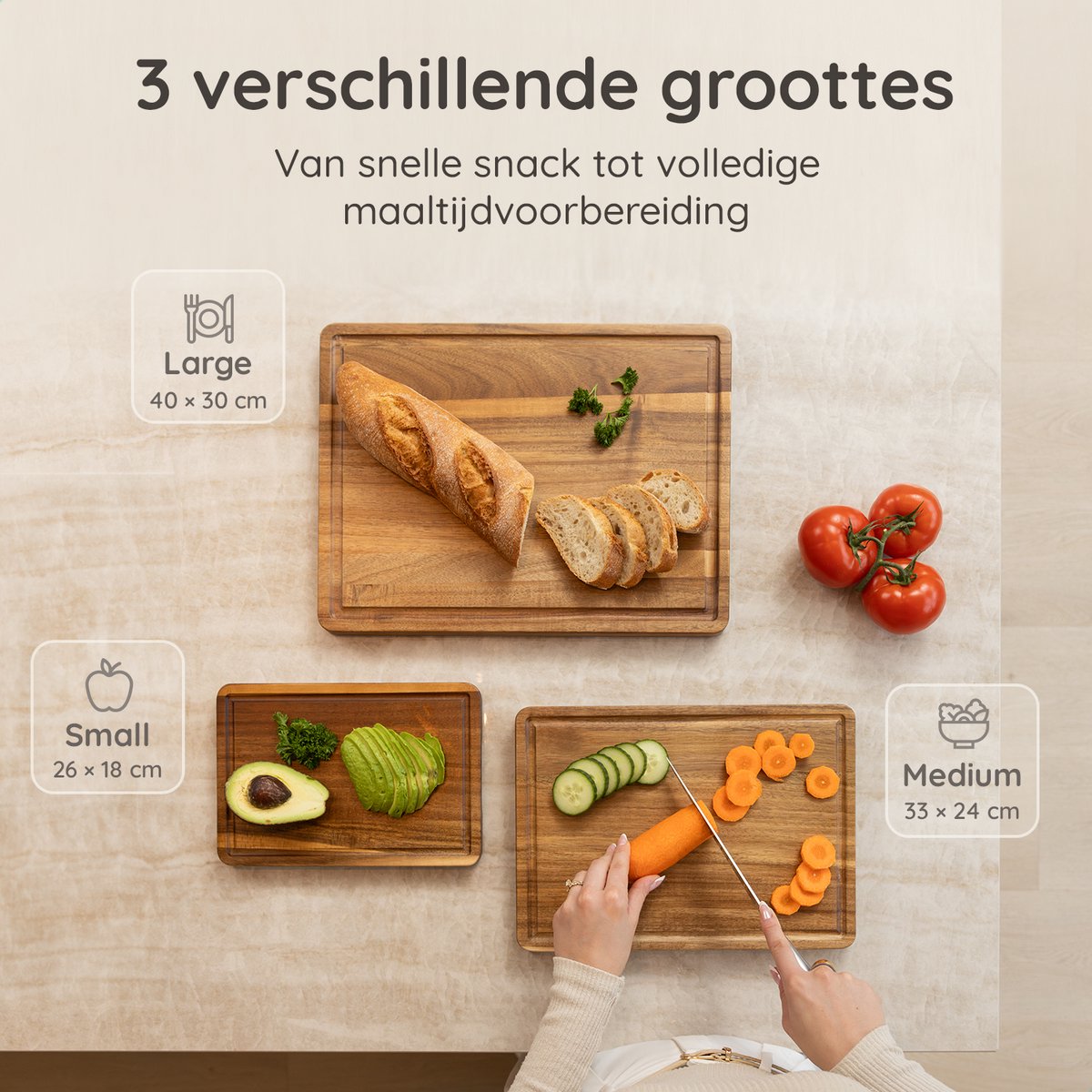 Deleca 3-delige Snijplankenset Sevilla met Houder - Snijplanken (40x30 | 33x24 | 26x18 cm) - Voor Keuken, Serveerplank, Kaasplank, Borrelplank, Snijplank en Tapasplank - FSC Acacia Hout - afbeelding 4