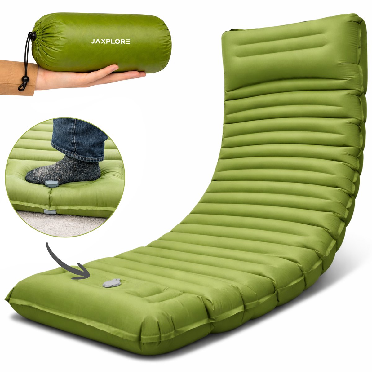 Jaxplore Slaapmat - Zelfopblazend met Ingebouwde Voetpomp & Hoofdkussen - 13cm Dik - Slaap Matje - Luchtbed 1 persoons - Koppelbaar - Camping matras - 200x70x13cm - afbeelding 1