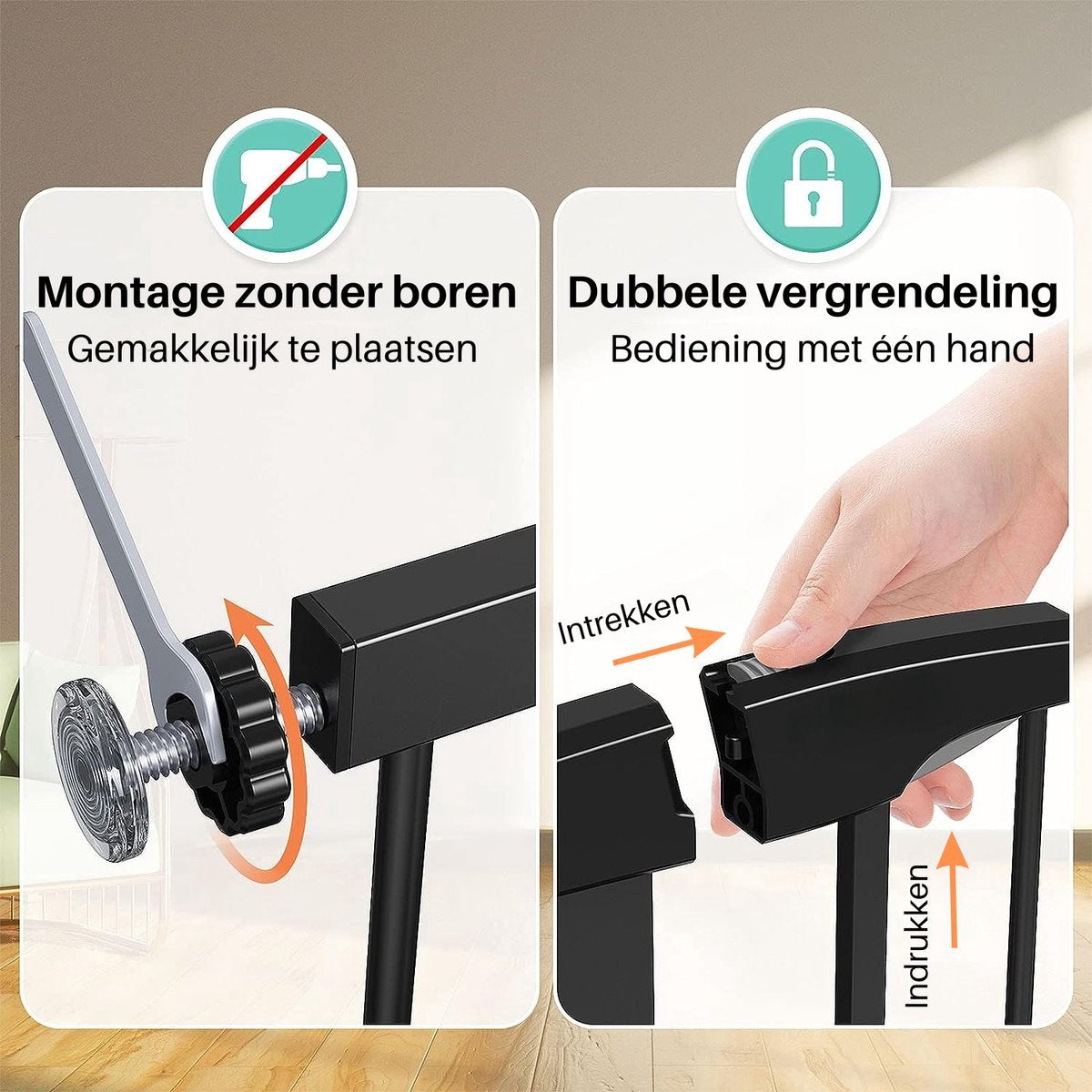 ADSafety Traphekje Zonder Boren - 76 t/m 103 cm - Incl. 2 Verlengstukken - Klembevestiging - Veiligheidshekje - Kinderhekje - Hondenhek - Zwart - afbeelding 2