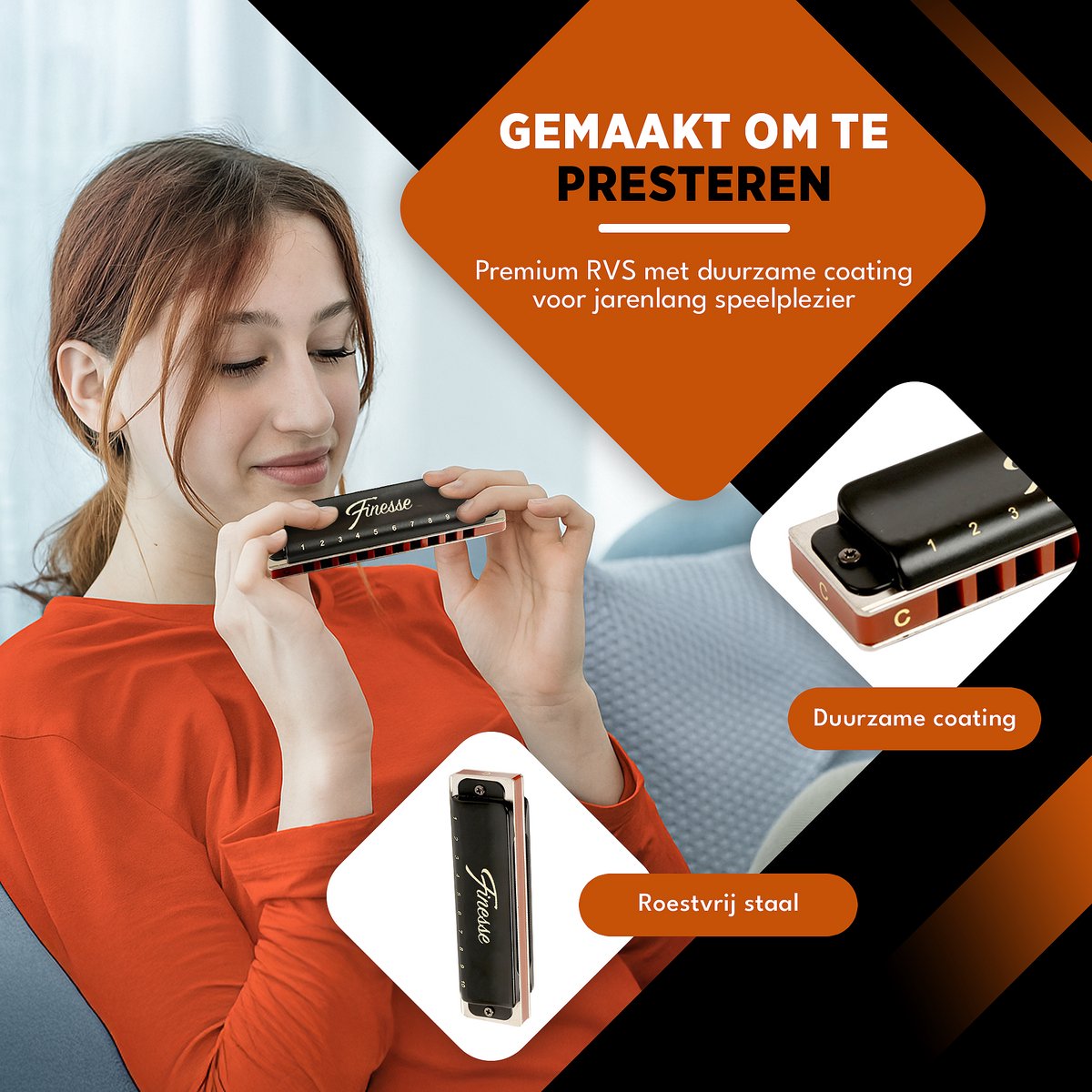 Finesse Premium Mondharmonica Pro – C Majeur – met Case - voor Volwassenen & Kinderen - Zwart - afbeelding 5