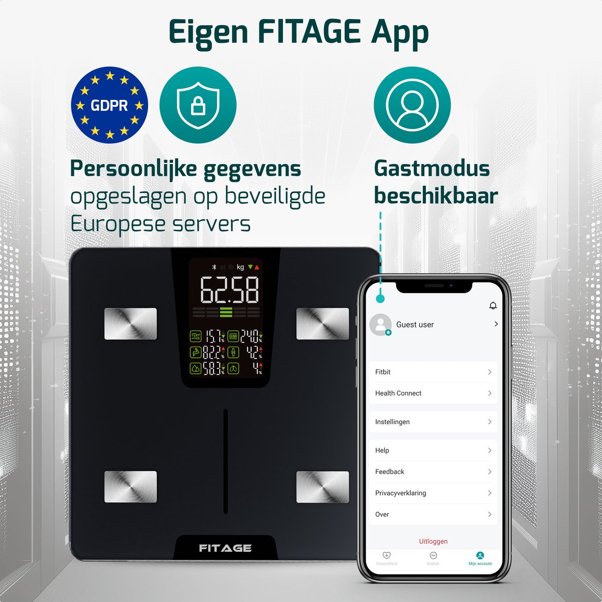 FITAGE LED Weegschaal Personenweegschaal Digitaal - Slimme Weegschaal met 17x Lichaamsanalyse - Weegschalen - FITAGE App - afbeelding 2