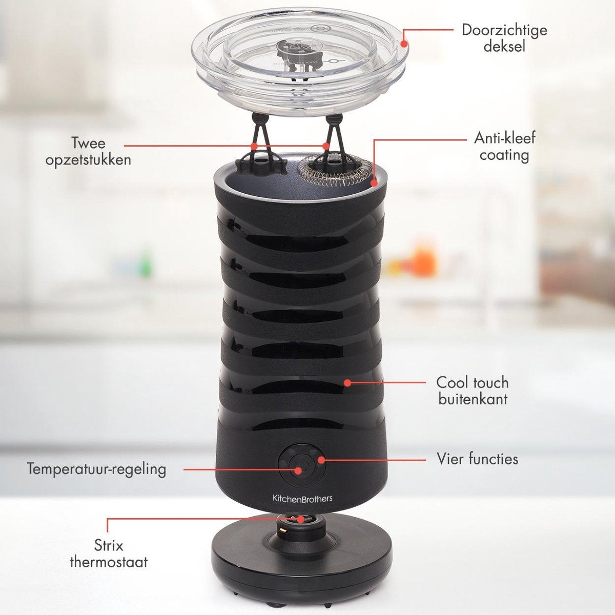 KitchenBrothers Elektrische Melkopschuimer - 4-in-1 - Melkklopper - BPA- & PFAS-Vrij - 240 ML - Handige Melkschuimer - Zwart - afbeelding 3