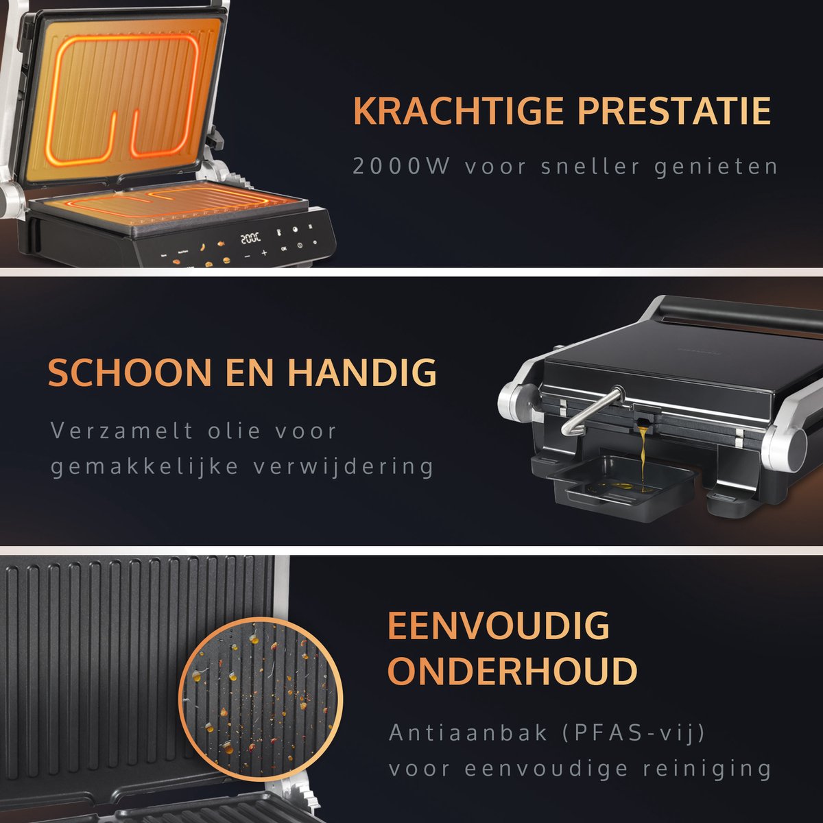 PFAS-Vrije Contactgrill met Zwevende Bovenplaat - Uitneembare platen - 180ºC Uitklapbaar - Grill apparaat 2000W - Tosti en Panini - 120ºC tot 230ºC - JAP Appliances Integrill - afbeelding 3