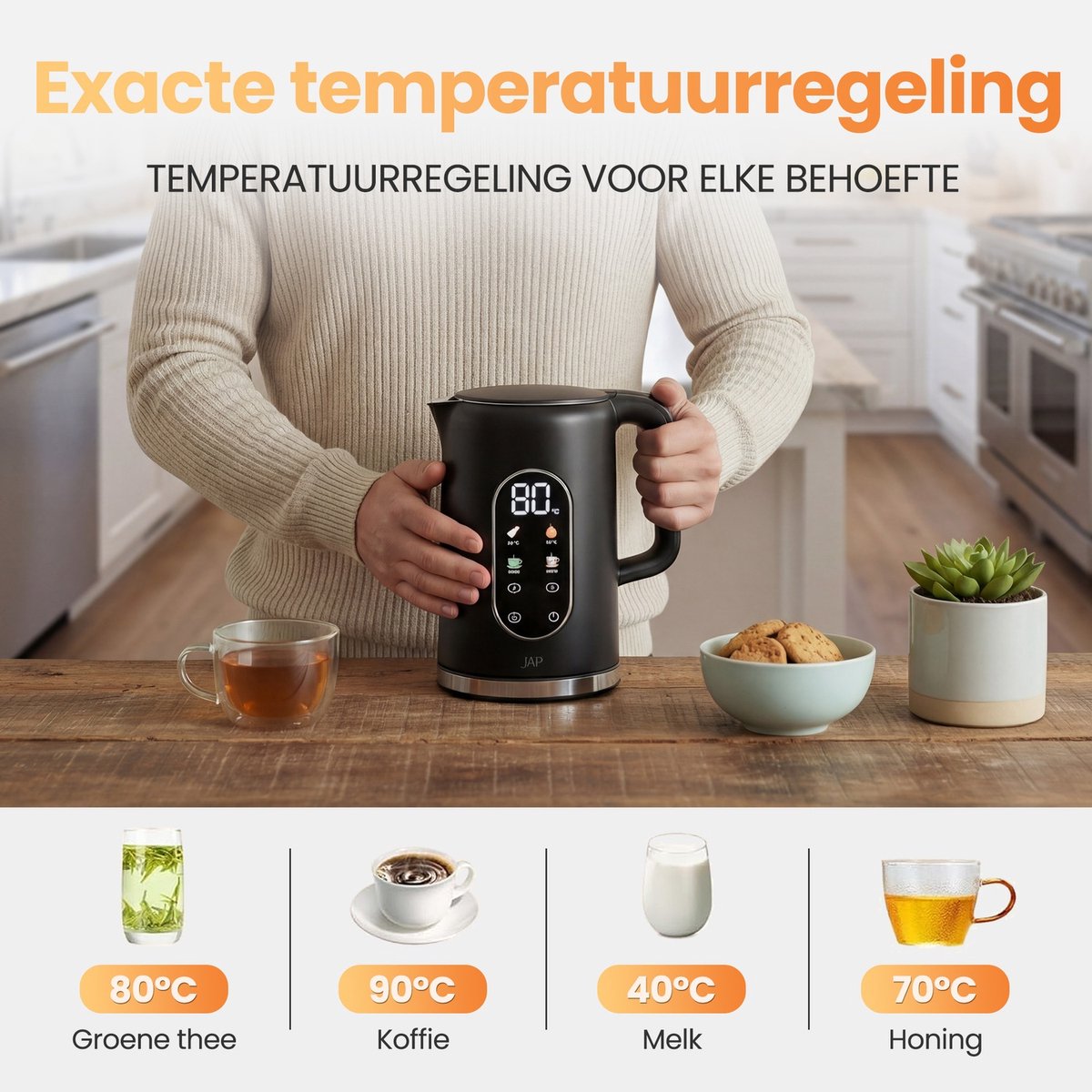 JAP Appliances Aquanova - Waterkoker (1.7 liter) met temperatuurregeling - Warmhoudfunctie - 40°C voor babyvoeding - Zwart - afbeelding 2