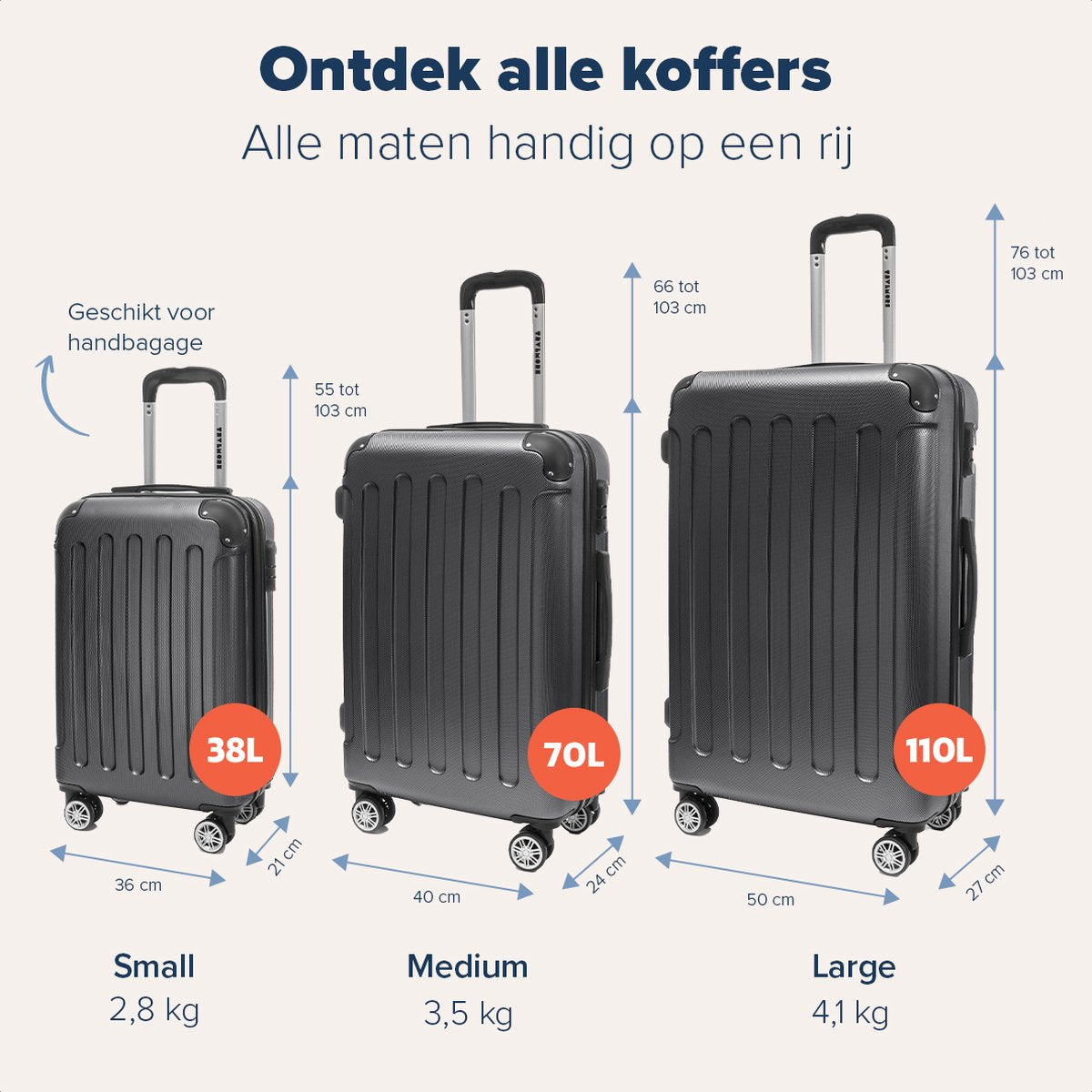 TRVLMORE Handbagage Koffer - 38L - Cijferslot - Lichtgewicht - Trolley - 54x36x20cm - Past binnen 55x40x20 cm - Zwart - afbeelding 3