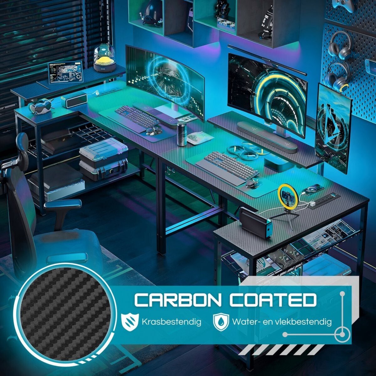 Five Stars® L-Vormig Game Bureau - 107x80x76 cm - Game Bureau met LED verlichting - Zwart Carbon - Hoekbureau - Gaming Desk - Computertafel - afbeelding 3
