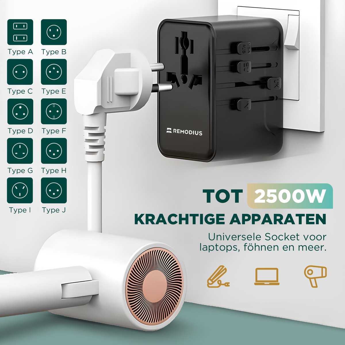 Remodius Wereldstekker - 220+ landen - 2x USB-C & 2x USB-A - afbeelding 3