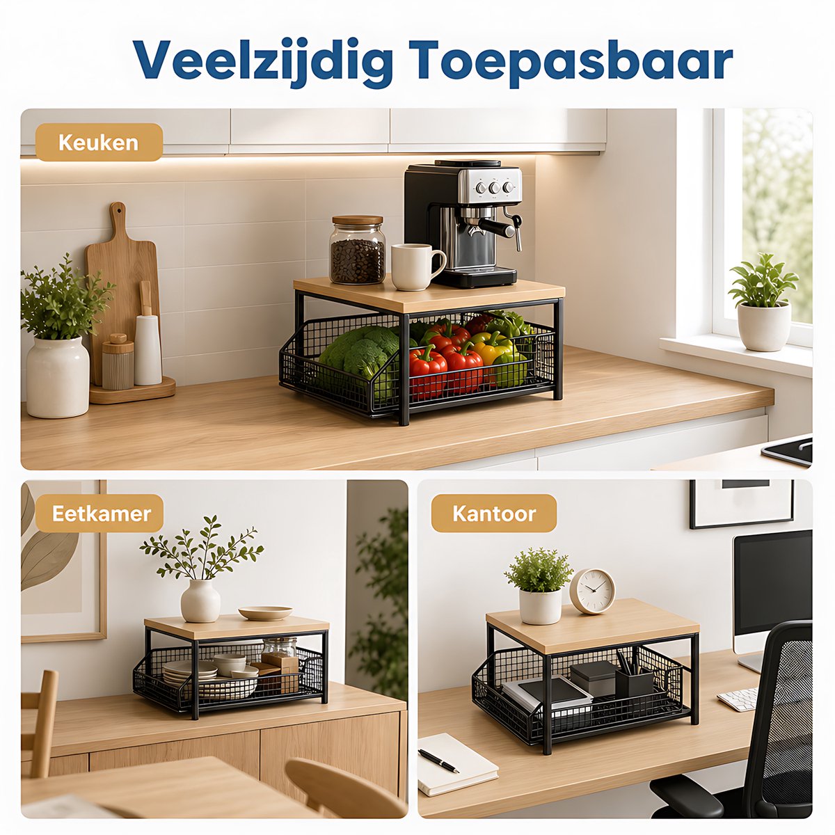 Verrijdbaar magnetronrek met lade - ijzeren frame en houten blad - keukenrek voor aanrecht, groente- en fruitmanden, potten en kruiden - zwart - afbeelding 3