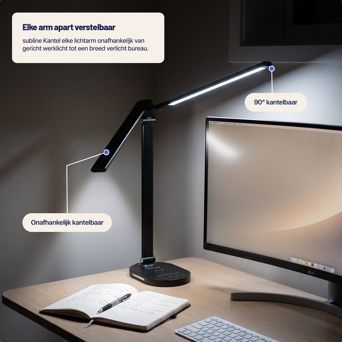 Stane Dubbele Bureaulamp LED Dimbaar - 2 Draaibare Lampenkoppen - 5 Lichtkleuren (2700K-6000K) - Touchbediening - USB Oplader - Tafellamp - Werklamp - Zwart - afbeelding 4
