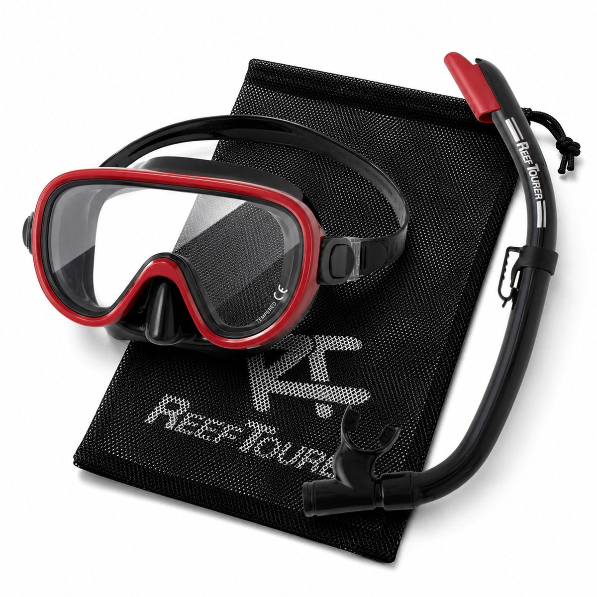ReefTourer Snorkelset – Premium duikbril met snorkel, hypoallergene siliconen snorkelmasker één venster – Zwart/Rood– RC-0105-BK/MDR - afbeelding 1