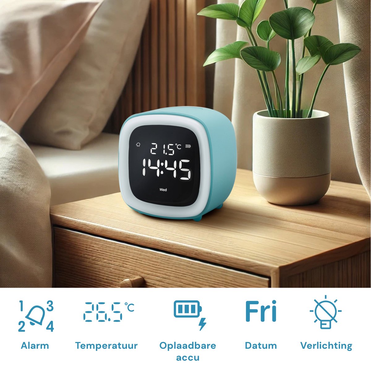 JustAnotherProduct AP18 - Oplaadbare digitale wekker met licht (3 standen) - Alarm klok met temperatuur (15.5°C tot 50°C) - 12/24h Alarm clock - Nachtlamp - Licht blauw - afbeelding 2