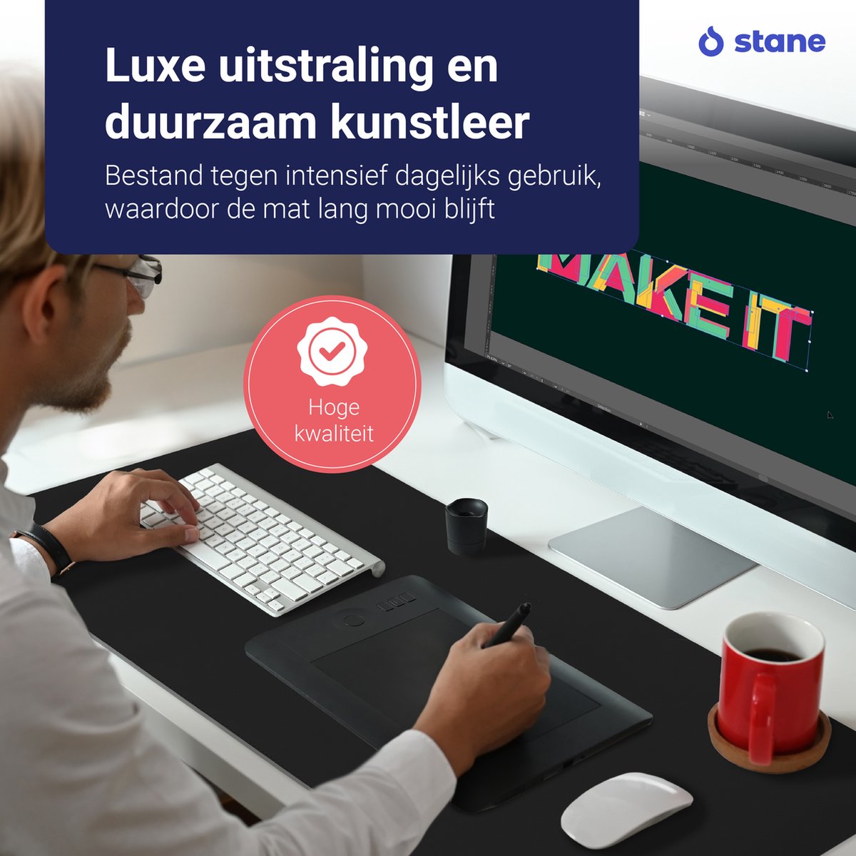 Stane Bureauonderlegger - XXL muismat Zwart - Bureaumat - Vegan Leer - Dubbel gestikt - 80x40 - afbeelding 5
