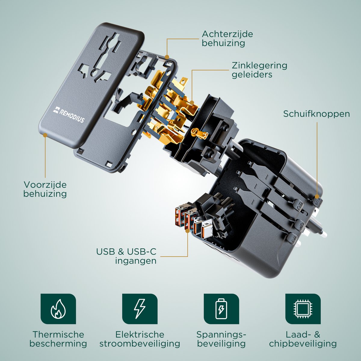 Remodius Wereldstekker - 220+ landen - 2x USB-C & 2x USB-A - afbeelding 4
