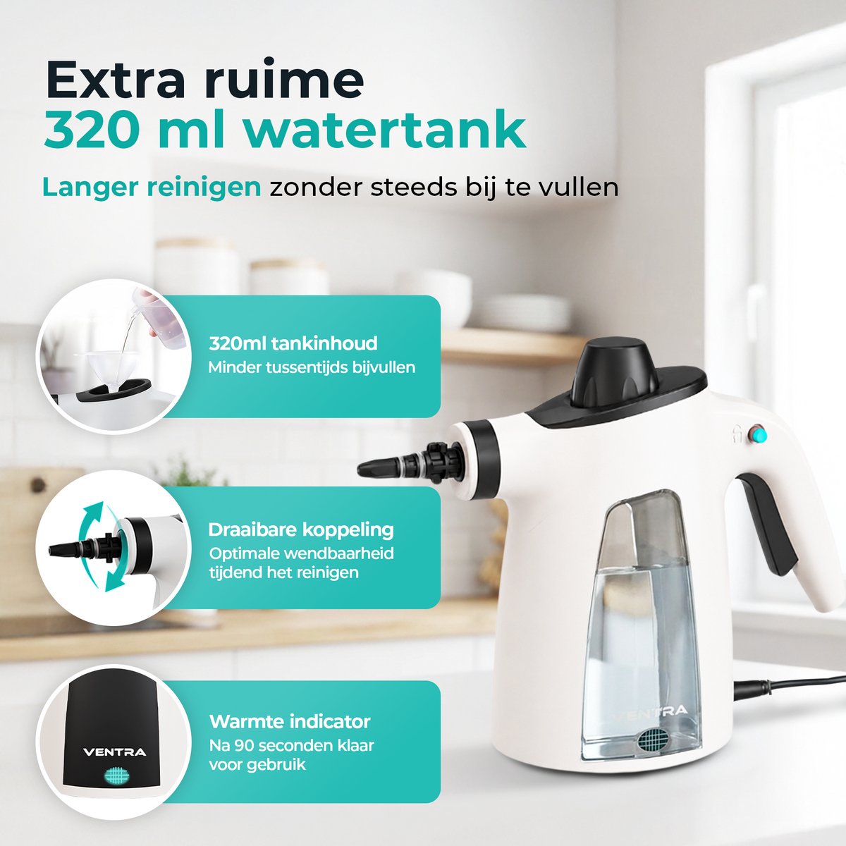 VENTRA® 15 Delige Stoomreiniger - Steam Cleaner - Handstoomreiniger - 3.5 Bar - Extra Krachtig - 5 Meter Stroomkabel - afbeelding 3