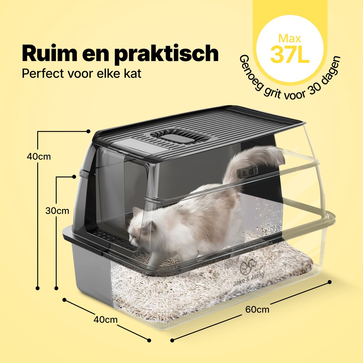 Jake and Jacky RVS Kattenbak - Kattentoilet Roestvrijstaal - Incl. Kattenbakschep met Houder en Gritopvang Opstapje - 2 in 1 Open Kattenbak met Afneembare Deksel - 60x40x38cm - Zwart - afbeelding 5