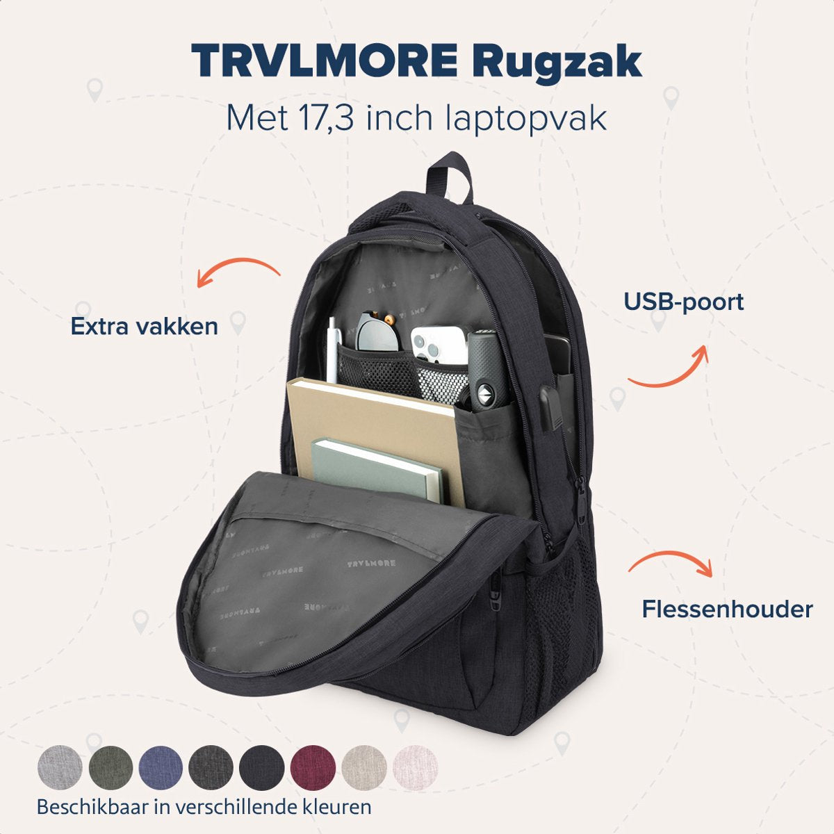 TRVLMORE 36L Rugzak - Rugtas met 17,3 Inch Laptopvak - Schooltas - Laptoptas - Spatwaterdicht - Heren en Dames - Jongens en Meisjes - Zwart - afbeelding 2