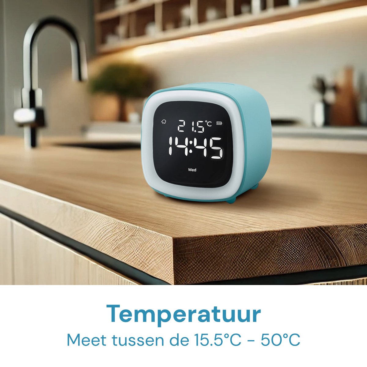 JustAnotherProduct AP18 - Oplaadbare digitale wekker met licht (3 standen) - Alarm klok met temperatuur (15.5°C tot 50°C) - 12/24h Alarm clock - Nachtlamp - Licht blauw - afbeelding 5