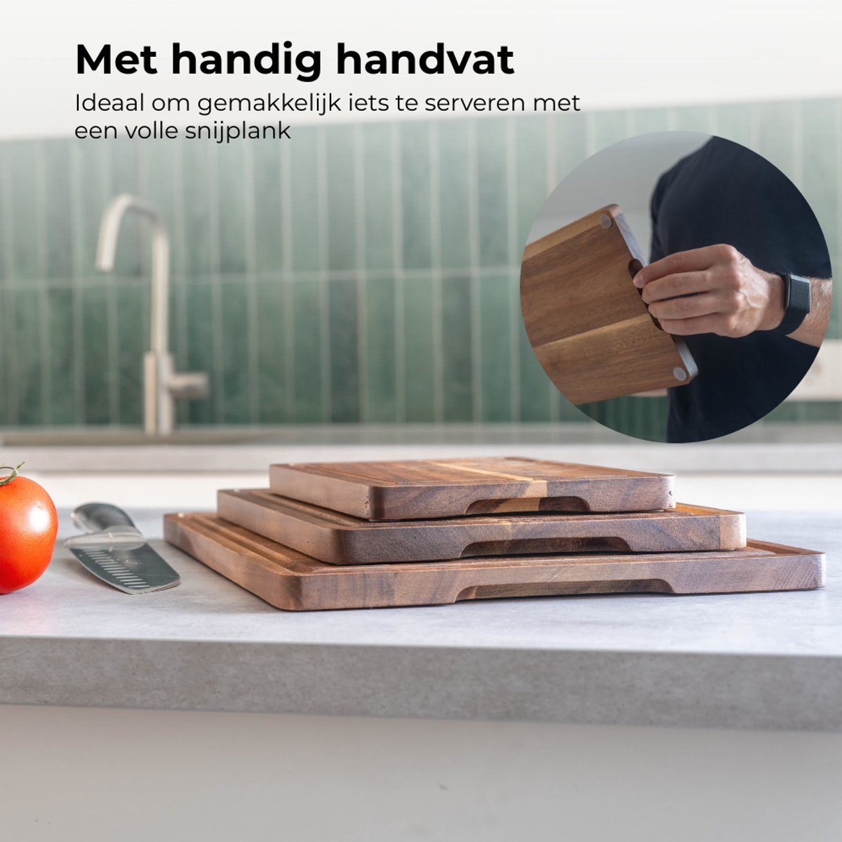 Organess 3-Delige Snijplankenset (38x25.3 / 30.5x20 / 23x15.2 cm) - Voor Keuken, Snijplanken, Serveerplank, Kaasplank, Borrelplank en Tapasplank - Snijplank Acacia Hout - afbeelding 5